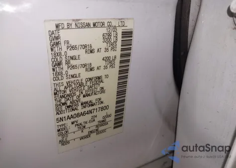 2004 Nissan Pathfinder Armada Se из США, поврежденный, VIN 5N1AA08A64N717800